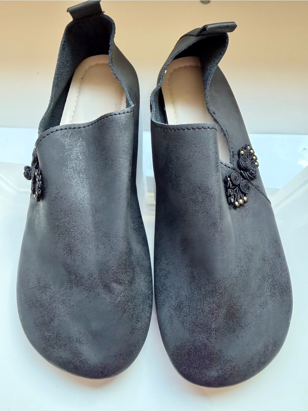 Black Women's Slip-On Flats with Decorative Stud Detail - Picture 2 of 6